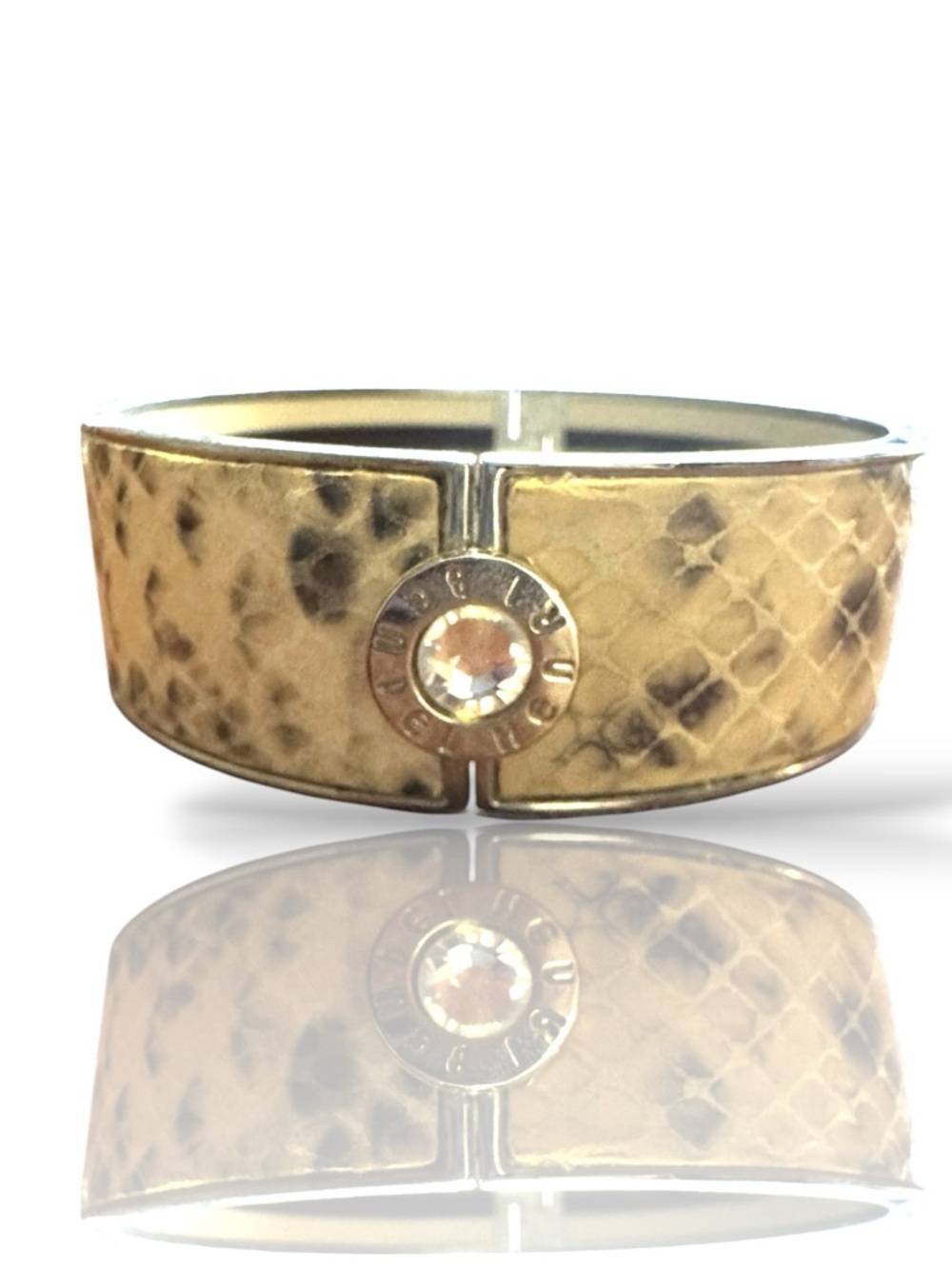 Henri Bendel Silver Toned Python Leather & Enamel Bangle with Crystal Medallion
